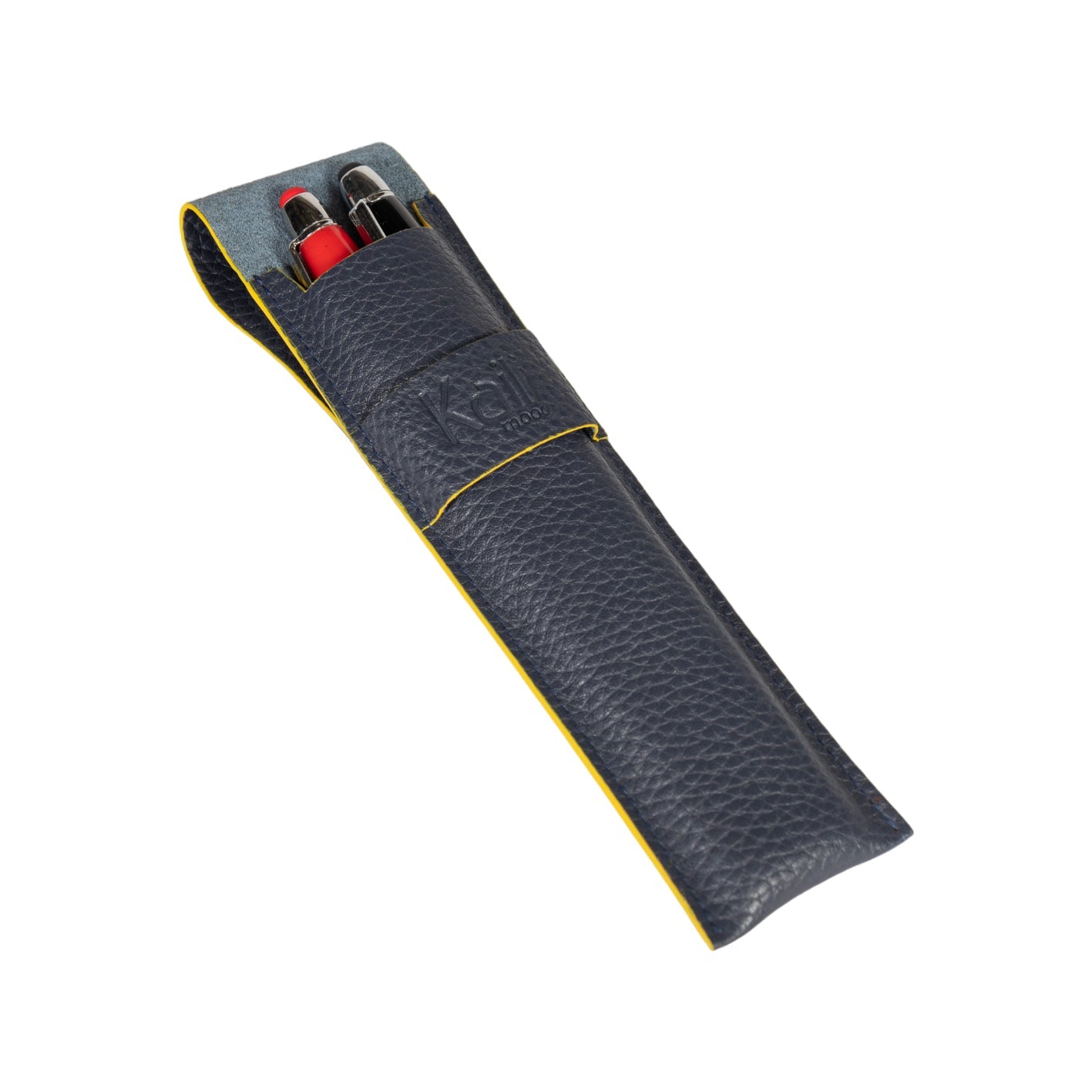 K0028DB | Custodia per Penne in Vera Pelle pieno fiore, grana dollaro - Colore Blu con bordi Gialli - Dimensioni: cm 4,5 x 16,5 x 1 - Confezione: Scatola regalo fondo/coperchio