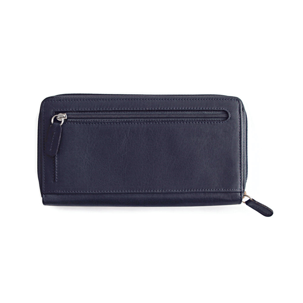 K10438DB | Portafogli Donna in Vera Pelle Liscia, pieno fiore. Colore Blu. Stampa a caldo allover. Dimensioni da chiuso: cm 18,5 x 10 x 2,5. Confezione: Gift Box rigido fondo/coperchio