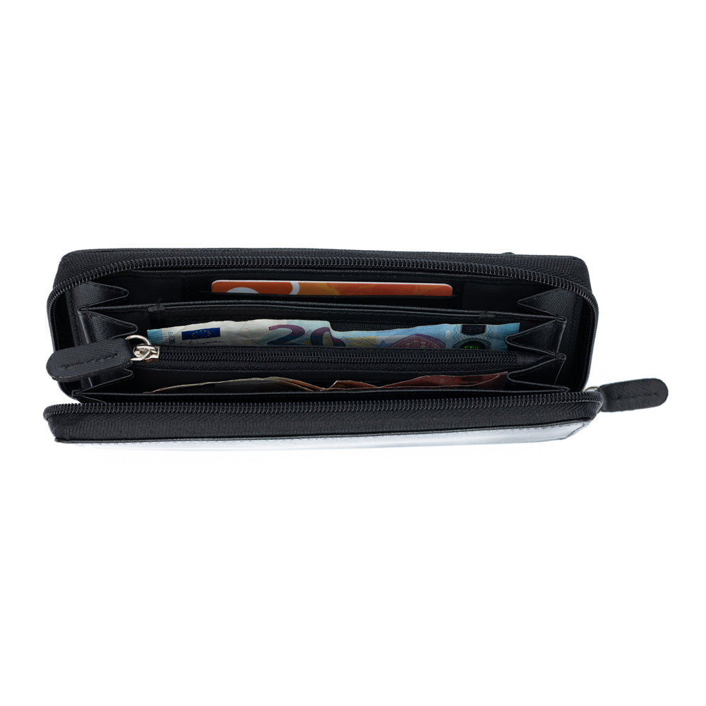 K10838AB | Portafogli Donna in Saffiano Vera Pelle. Colore Nero. 6 slot per carte di credito. Dimensioni da chiuso: cm 18,5 x 10 x 2,5. Confezione: Gift Box rigido fondo/coperchio