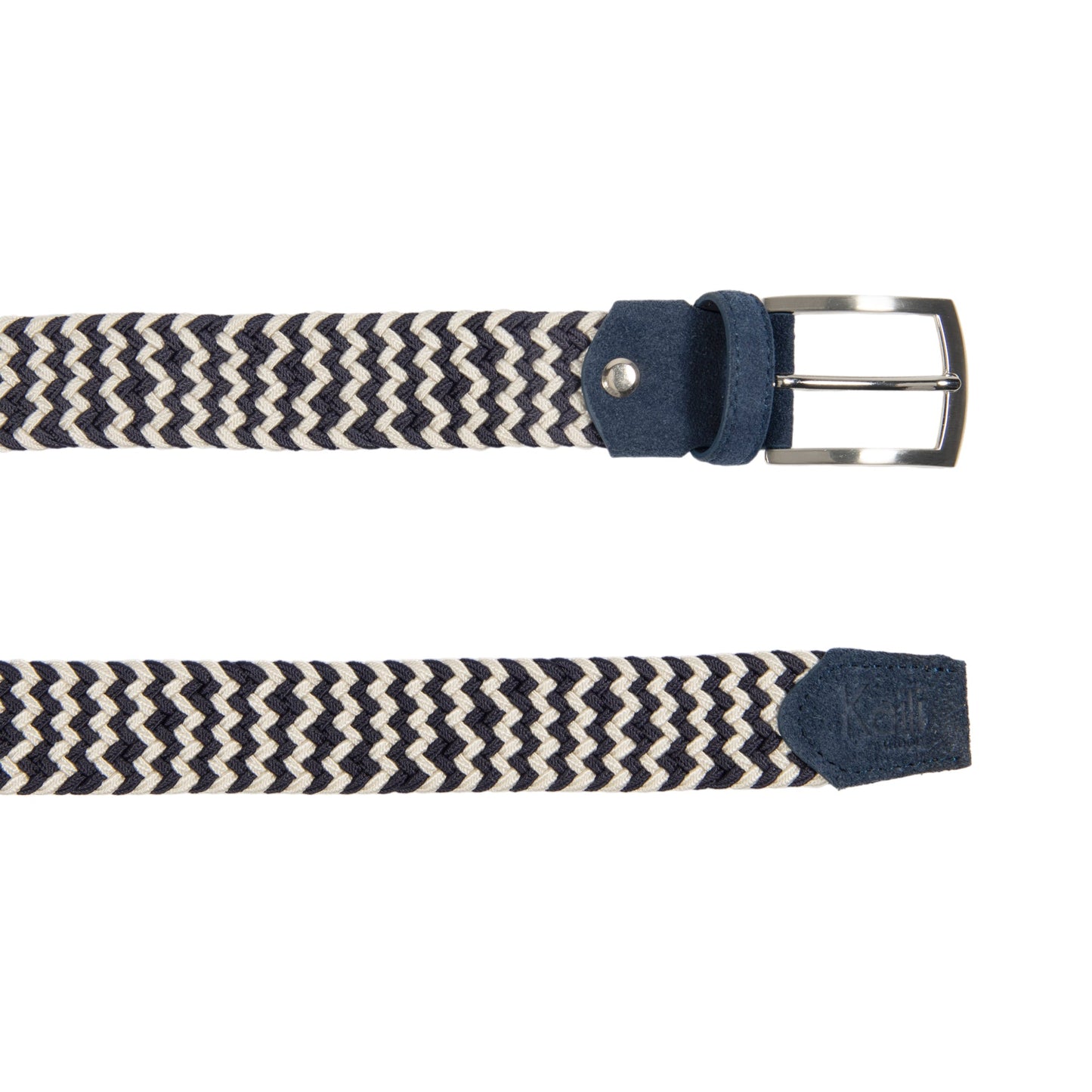 K4004JB | Cintura Intrecciata in Elastico/Pelle. Colore Blu/Ecrù. Fibbia Nickel Satinato. Dimensioni: cm 120x3,5x0,5 (giro vita cm 105). Confezione: Gift Box rigido fondo/coperchio