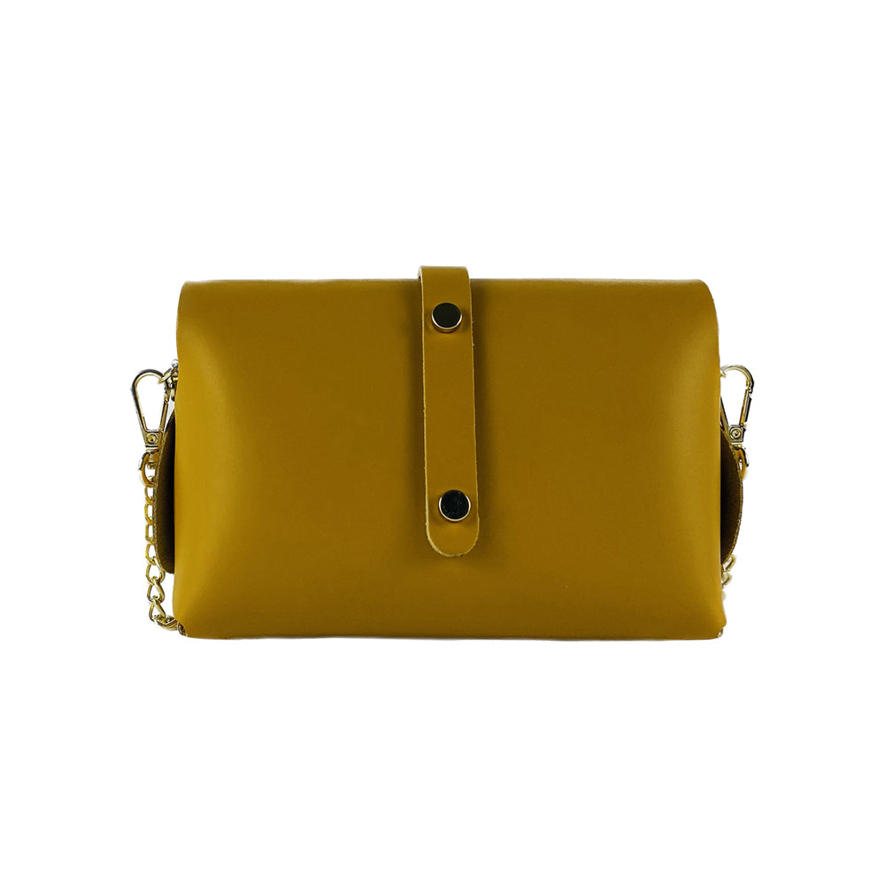 RB1001AR | Borsa Piccola in Vera Pelle Made in Italy con Tracollina removibile e passante di chiusura in metallo Oro Lucido - Colore Senape - Dimensioni: cm 16,5 x 11 x 8