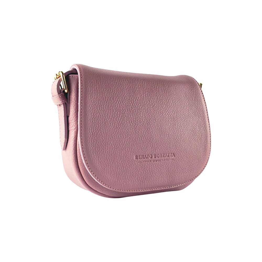 RB1002AZ | Borsa a Tracolla in Vera Pelle Made in Italy con Tracolla removibile in pelle e attacchi con fibbie in metallo Oro Lucido - Colore Rosa Antico - Dimensioni: cm 26 x 20 x 10