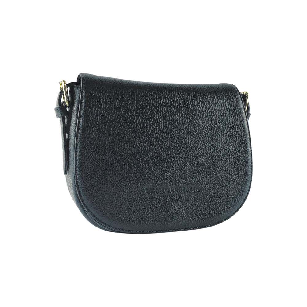 RB1002A | Borsa a Tracolla in Vera Pelle Made in Italy con Tracolla removibile in pelle e attacchi con fibbie in metallo Oro Lucido - Colore Nero - Dimensioni: cm 26 x 20 x 10