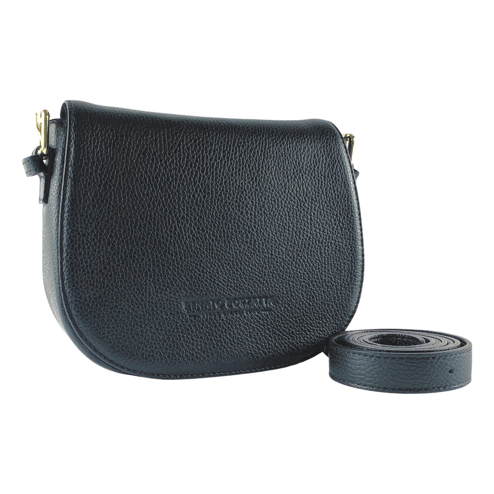 RB1002A | Borsa a Tracolla in Vera Pelle Made in Italy con Tracolla removibile in pelle e attacchi con fibbie in metallo Oro Lucido - Colore Nero - Dimensioni: cm 26 x 20 x 10