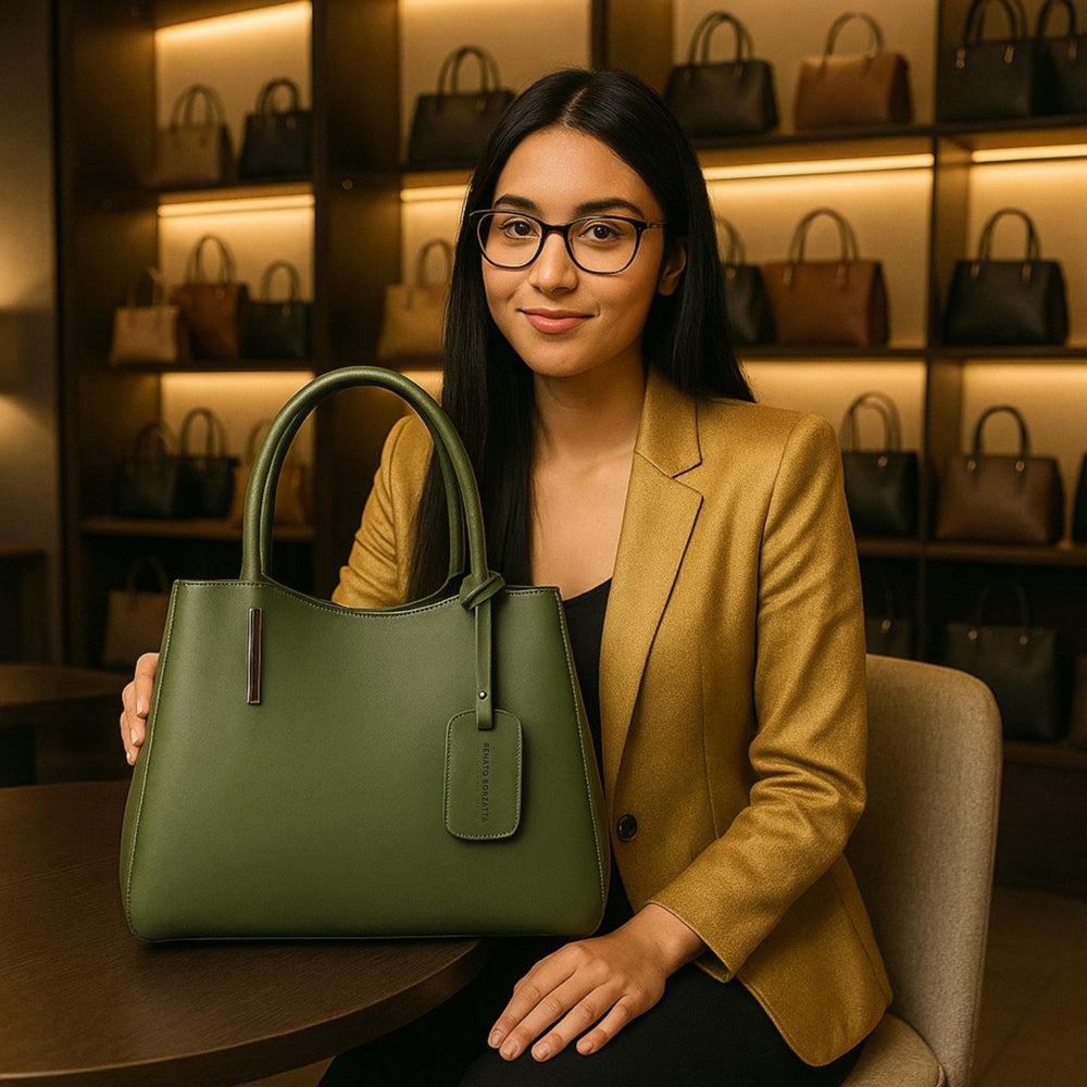 RB1004E | Borsa a Mano in Vera Pelle Made in Italy con Tracollina removibile e attacchi con moschettoni in metallo Canna di Fucile - Colore Verde - Dimensioni: cm 33 x 25 x 15 + Manici 13 cm