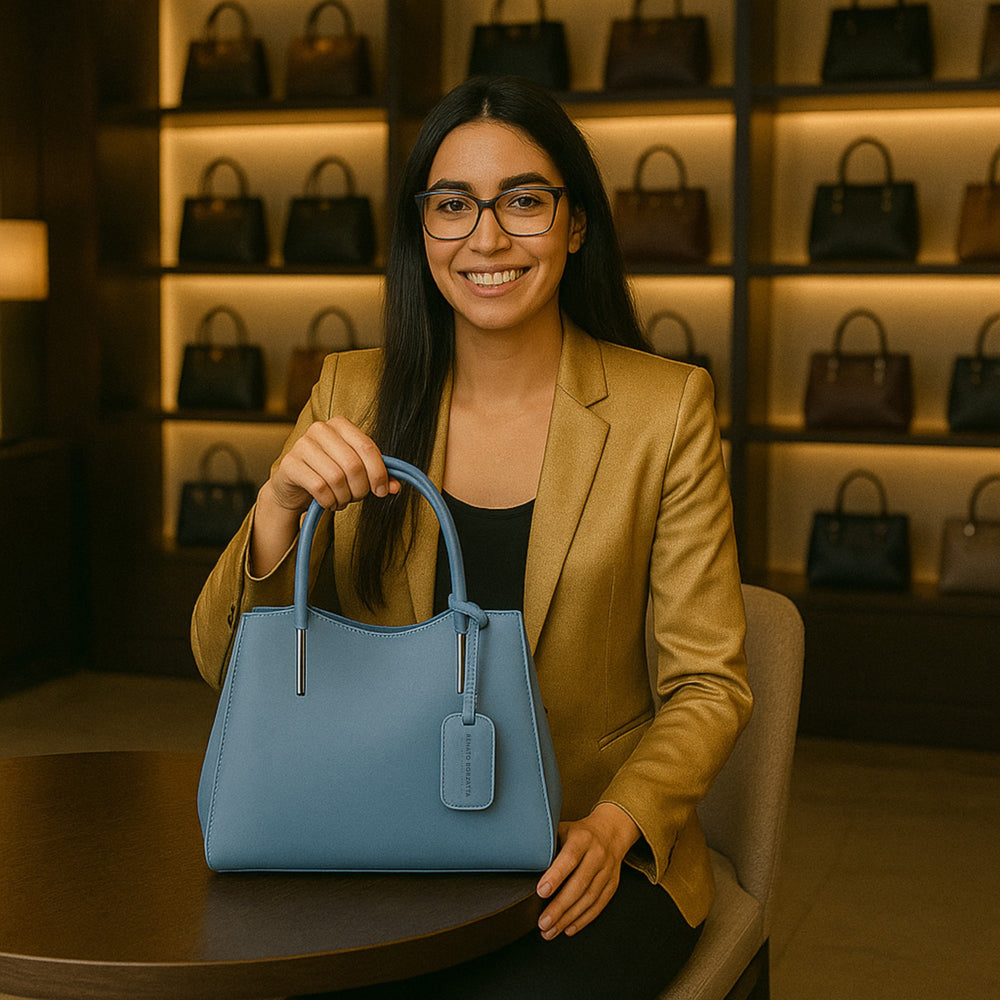 RB1004P | Borsa a Mano in Vera Pelle Made in Italy con Tracollina removibile e attacchi con moschettoni in metallo Canna di Fucile - Colore Avio - Dimensioni: cm 33 x 25 x 15 + Manici 13 cm