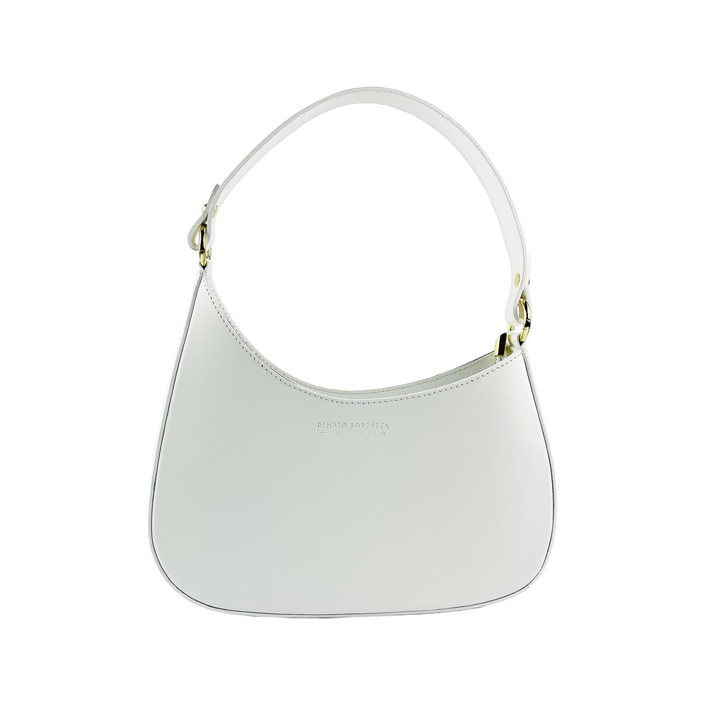RB1013W | Borsa Donna a spalla e Tracolla removibili in Vera Pelle Made in Italy. Attacchi con moschettoni in metallo Oro Lucido - Colore Bianco - Dimensioni: cm 28 x 6 x 25 + 12 (manico)