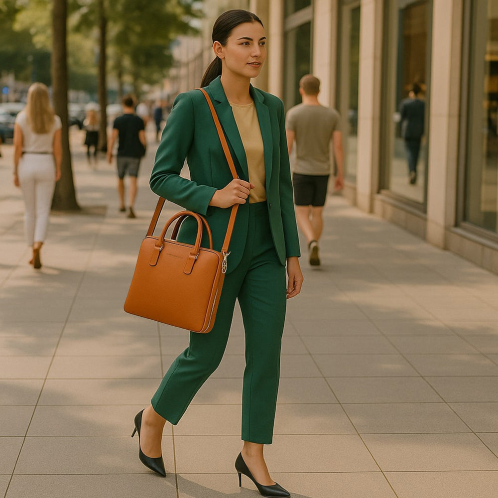 RB1019L | Cartella Business Unisex in Vera Pelle Made in Italy con tracolla removibile. Attacchi con moschettoni in metallo Nickel Lucido - Colore Arancione - Dimensioni: cm 37 x 29 x 6,5