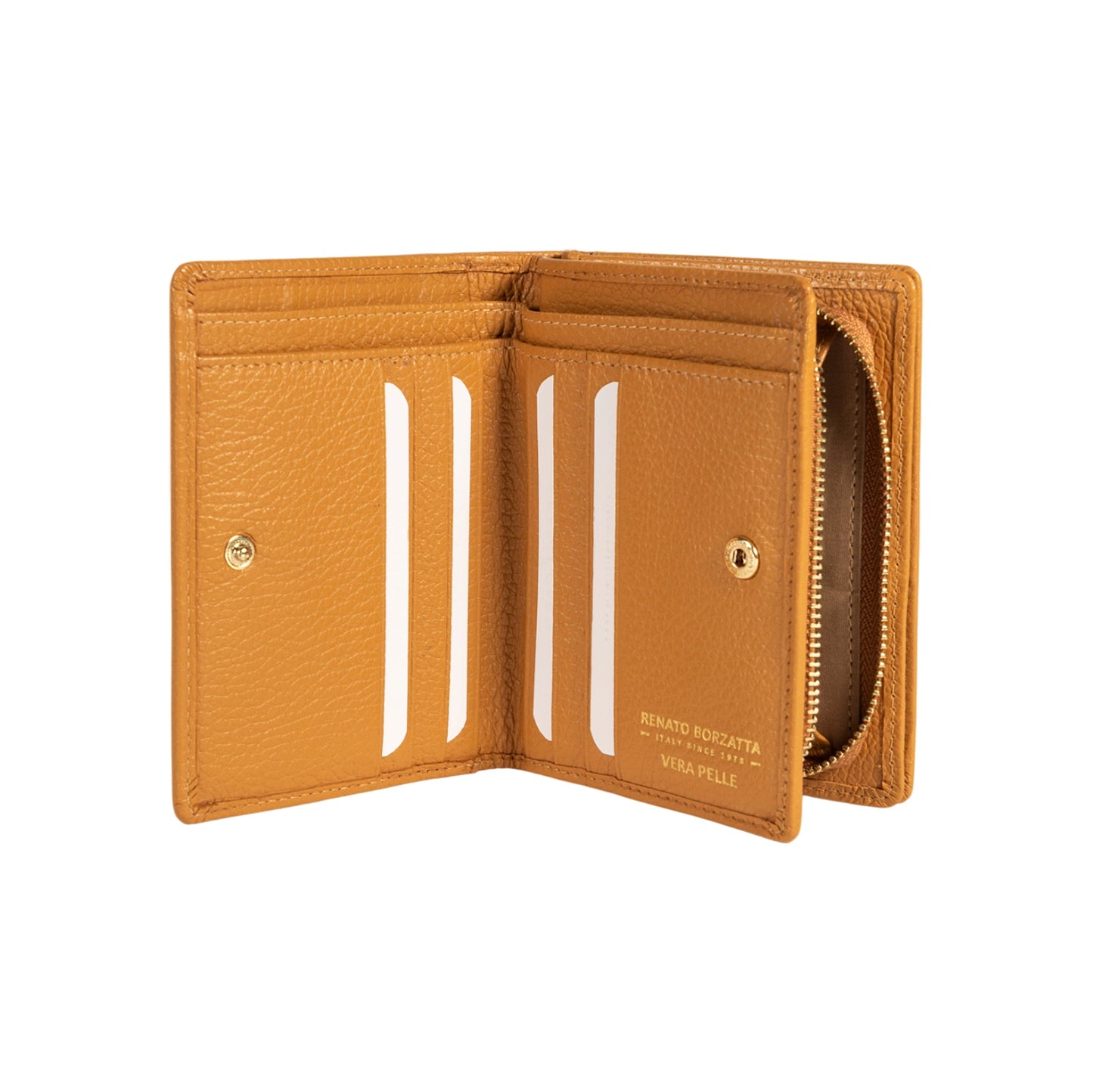 RB1080GCQ | Portafogli Donna Made in Italy in Vera Pelle grana Dollaro. Colore Cuoio. Dimensioni (da chiuso): cm 13 x 9 x 2,5