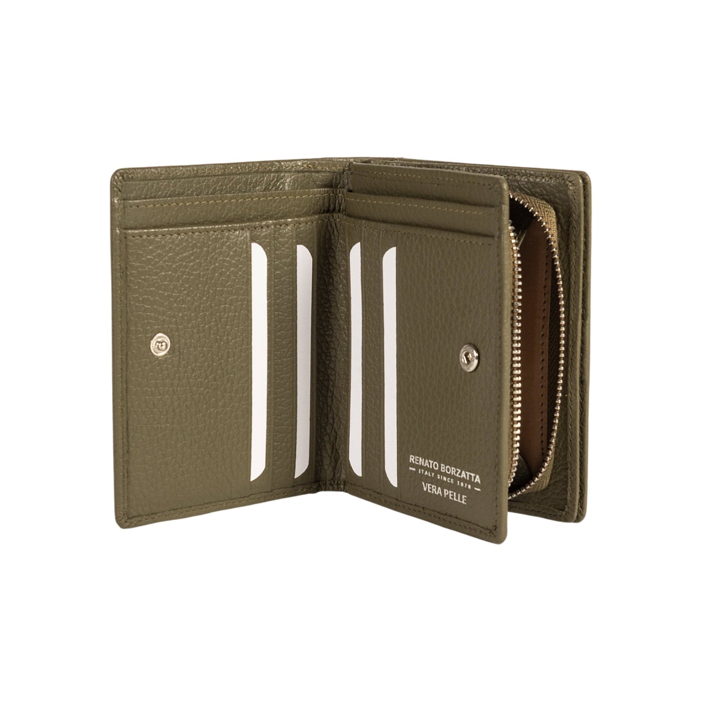 RB1080SAG | Portafogli Donna Made in Italy in Vera Pelle grana Dollaro. Colore Verde Oliva. Dimensioni (da chiuso): cm 13 x 9 x 2,5