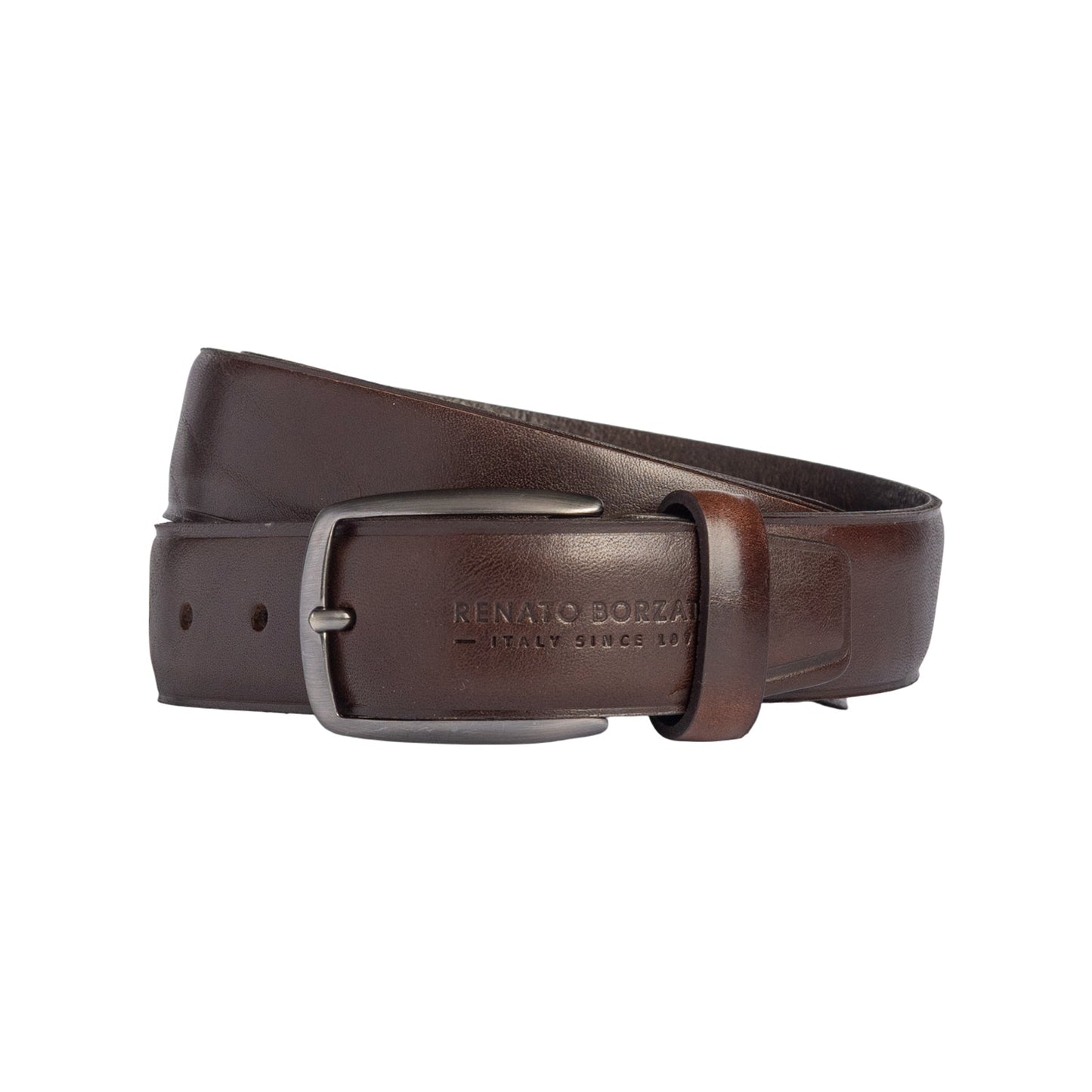 RB4025B | Cintura Uomo Made in Italy in Vero Cuoio Conciato al Vegetale. Fibbia in finitura Canna di Fucile Satinato. Colore Testa Moro. Dimensioni: cm 125 x 3,5 x 0,5 (giro vita cm 110)