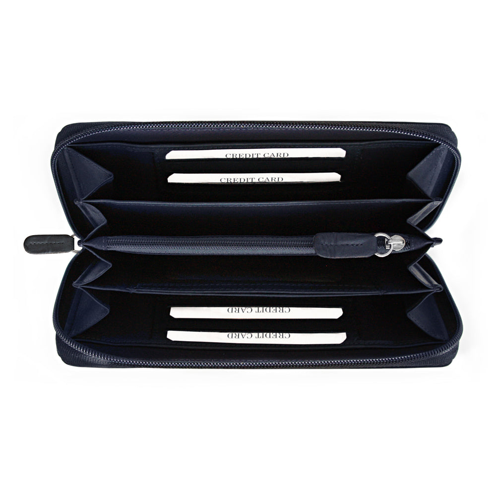 K10438DB | Portafogli Donna in Vera Pelle Liscia, pieno fiore. Colore Blu. Stampa a caldo allover. Dimensioni da chiuso: cm 18,5 x 10 x 2,5. Confezione: Gift Box rigido fondo/coperchio