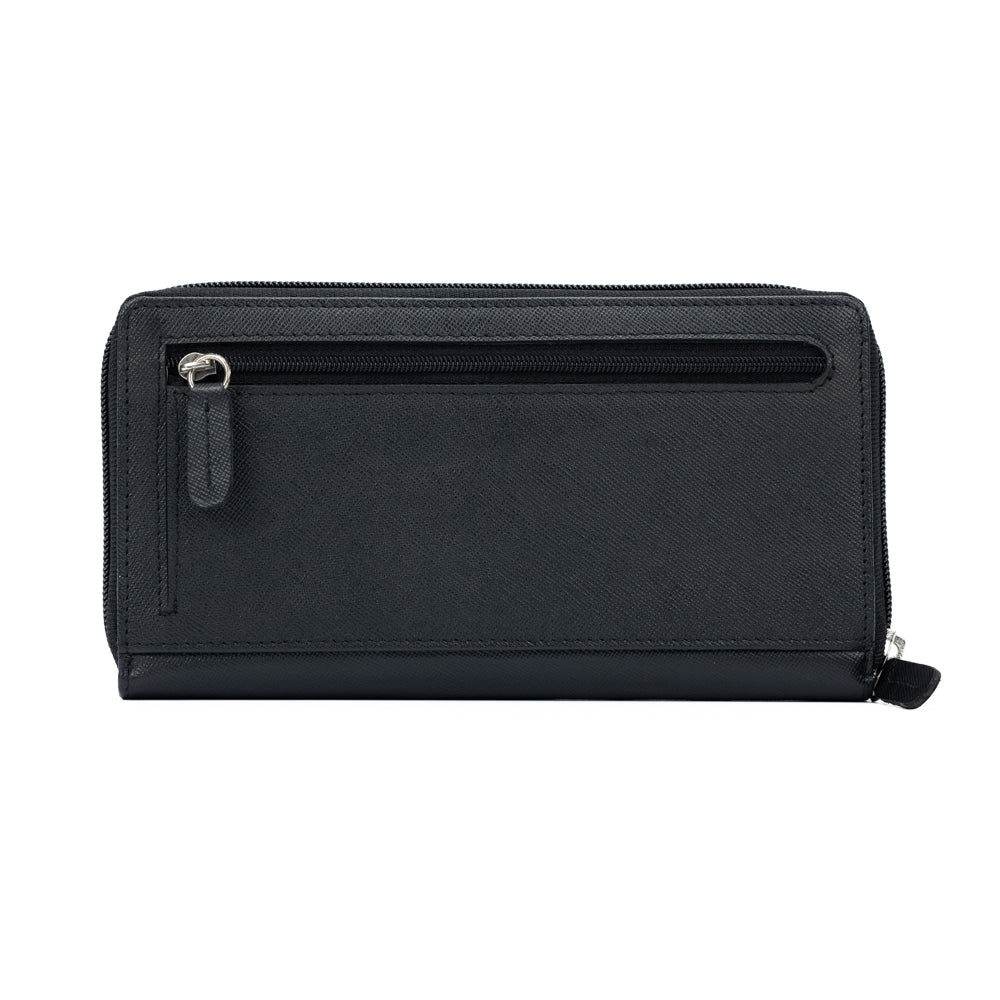 K10838AB | Portafogli Donna in Saffiano Vera Pelle. Colore Nero. 6 slot per carte di credito. Dimensioni da chiuso: cm 18,5 x 10 x 2,5. Confezione: Gift Box rigido fondo/coperchio