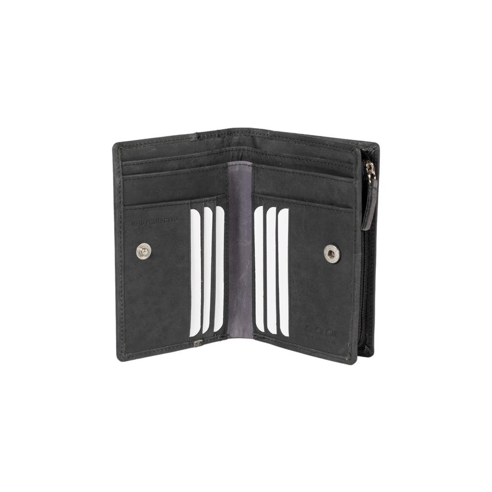 K12234AF | Portafogli Donna in Vera Pelle pieno fiore, Naked. Colore Nero. Protezione RFID. Dimensioni da chiuso: cm 9,5 x 14 x 3. Confezione: Scatola regalo fondo/coperchio