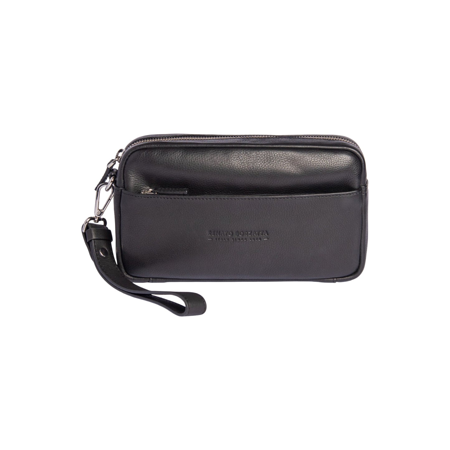 RB0046A | Pochette Uomo KEVIN con laccio da polso in Vera Pelle pieno fiore con leggera grana. Maniglia removibile. Colore Nero. Dimensioni: cm 22 x 13 x 5