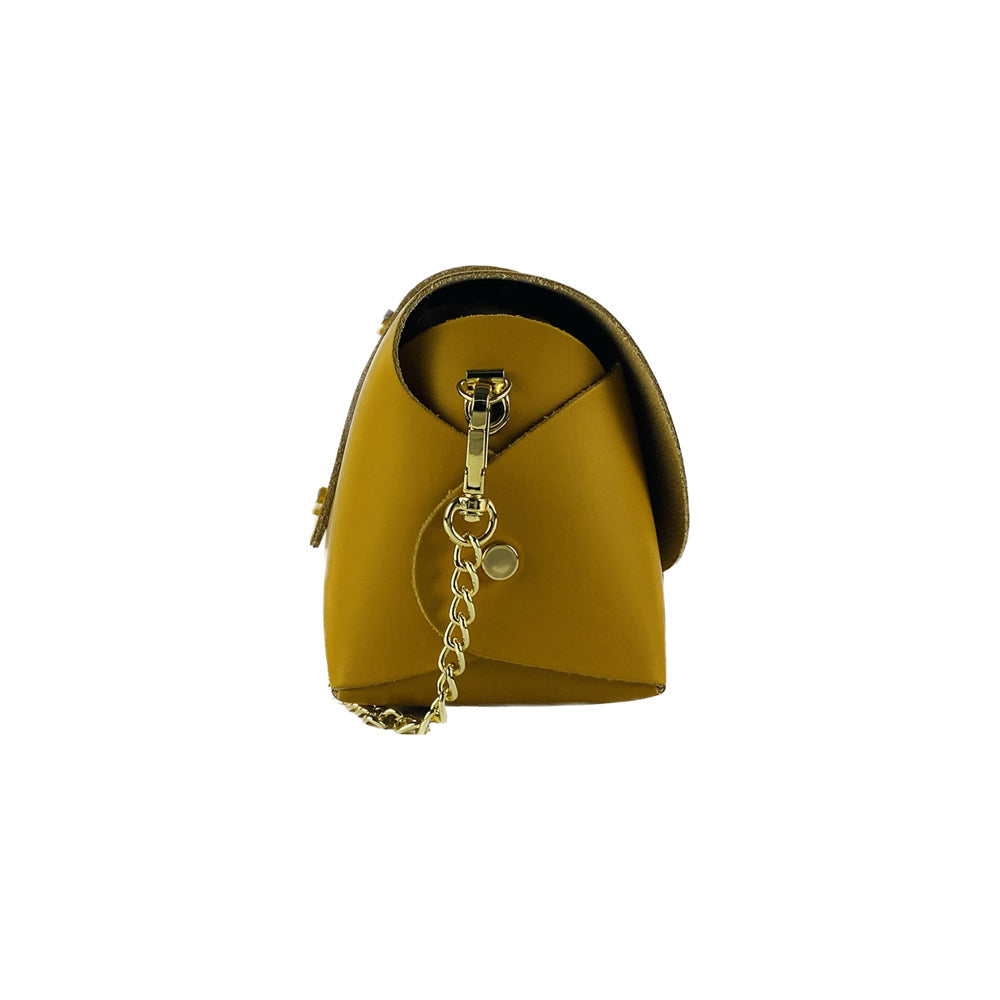 RB1001AR | Borsa Piccola in Vera Pelle Made in Italy con Tracollina removibile e passante di chiusura in metallo Oro Lucido - Colore Senape - Dimensioni: cm 16,5 x 11 x 8