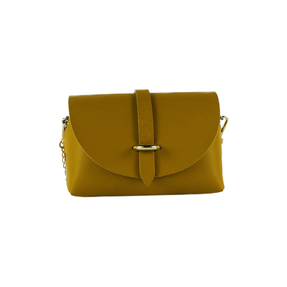 RB1001AR | Borsa Piccola in Vera Pelle Made in Italy con Tracollina removibile e passante di chiusura in metallo Oro Lucido - Colore Senape - Dimensioni: cm 16,5 x 11 x 8