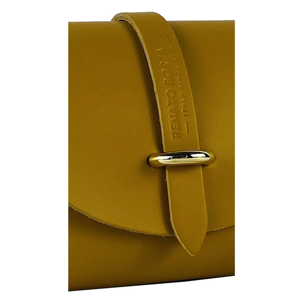 RB1001AR | Borsa Piccola in Vera Pelle Made in Italy con Tracollina removibile e passante di chiusura in metallo Oro Lucido - Colore Senape - Dimensioni: cm 16,5 x 11 x 8