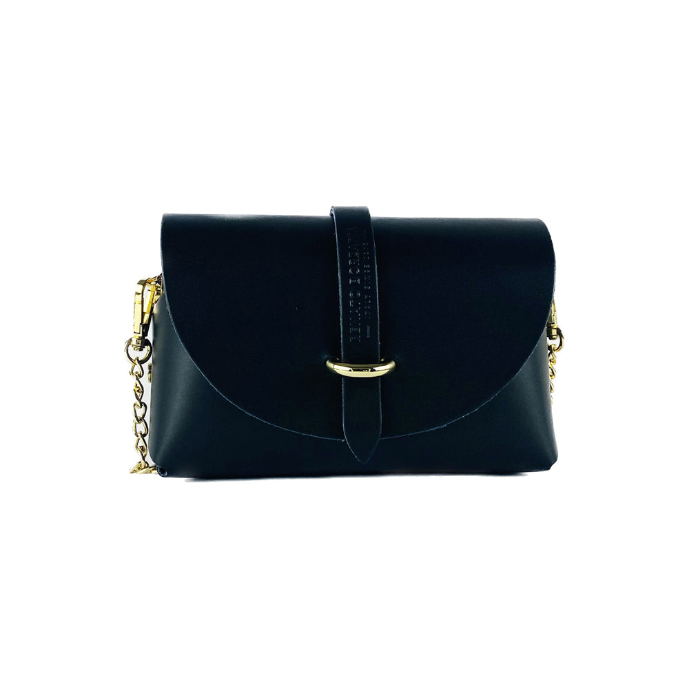 RB1001A | Borsa Piccola in Vera Pelle Made in Italy con Tracollina removibile e passante di chiusura in metallo Oro Lucido - Colore Nero - Dimensioni: cm 16,5 x 11 x 8