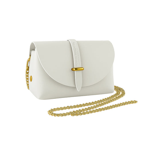RB1001W | Borsa Piccola in Vera Pelle Made in Italy con Tracollina removibile e passante di chiusura in metallo Oro Lucido - Colore Bianco - Dimensioni: cm 16,5 x 11 x 8