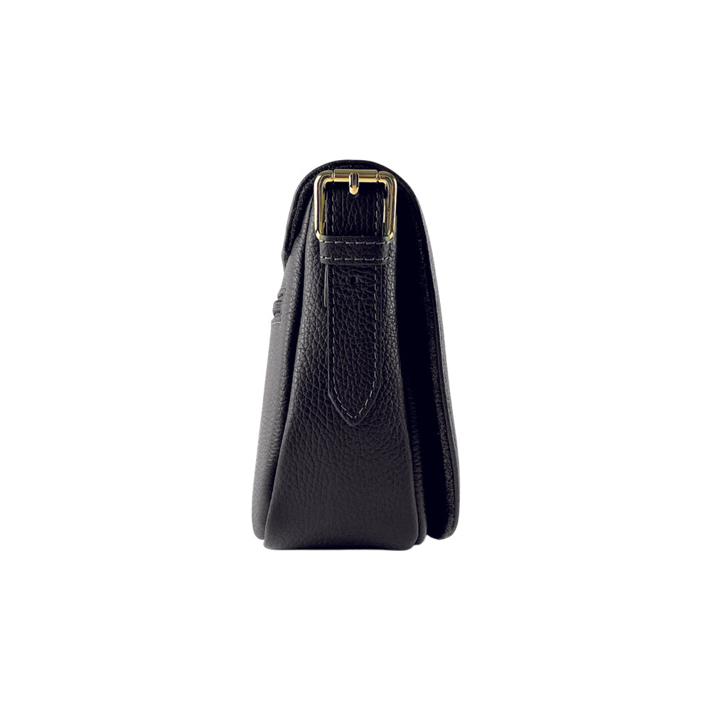 RB1002A | Borsa a Tracolla  in Vera Pelle Made in Italy con Tracolla removibile in pelle e attacchi con fibbie in metallo Oro Lucido - Colore Nero - Dimensioni: cm 26 x 20 x 10
