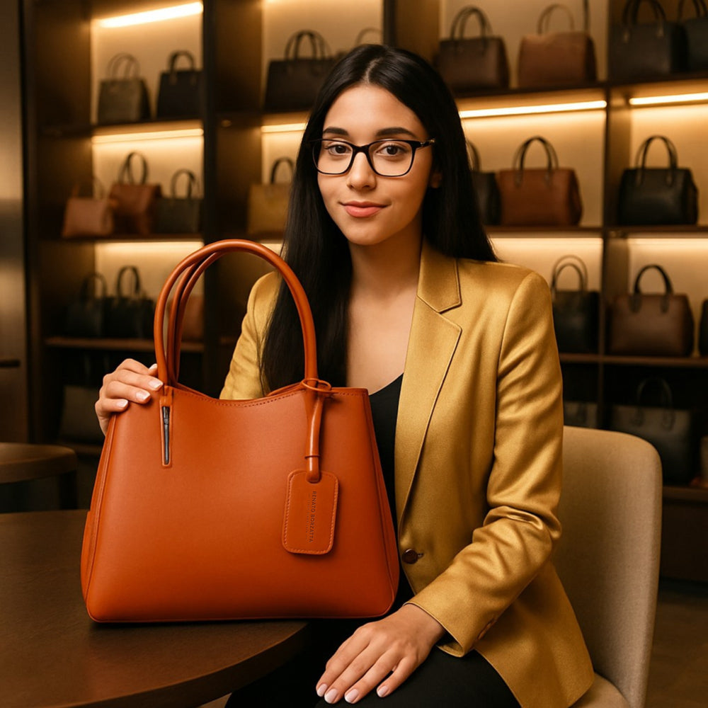 RB1004AM | Borsa a Mano in Vera Pelle Made in Italy con Tracollina removibile e attacchi con moschettoni in metallo Canna di Fucile - Colore Paprica - Dimensioni: cm 33 x 25 x 15 + Manici 13 cm