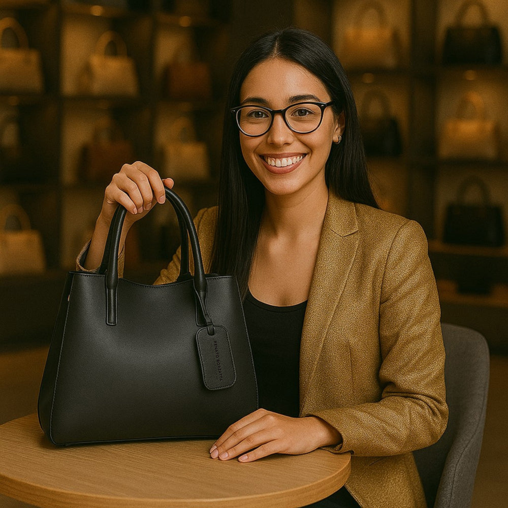 RB1004A | Borsa a Mano in Vera Pelle Made in Italy con Tracollina removibile e attacchi con moschettoni in metallo Canna di Fucile - Colore Nero - Dimensioni: cm 33 x 25 x 15 + Manici 13 cm