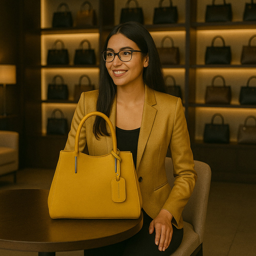 RB1004R | Borsa a Mano in Vera Pelle Made in Italy con Tracollina removibile e attacchi con moschettoni in metallo Canna di Fucile - Colore Senape - Dimensioni: cm 33 x 25 x 15 + Manici 13 cm