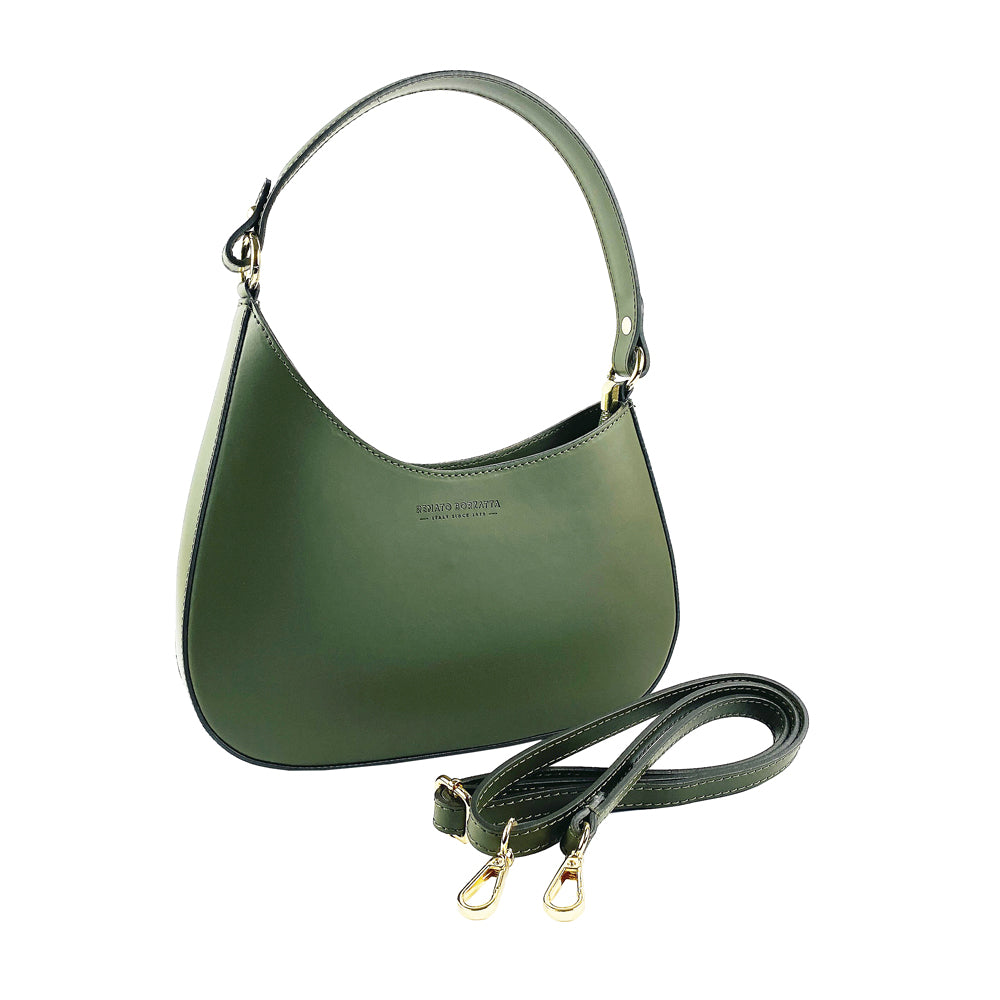 RB1013E | Borsa Donna a spalla e Tracolla removibili in Vera Pelle Made in Italy. Attacchi con moschettoni in metallo Oro Lucido - Colore Verde - Dimensioni: cm 28 x 6 x 25 + 12 (manico)