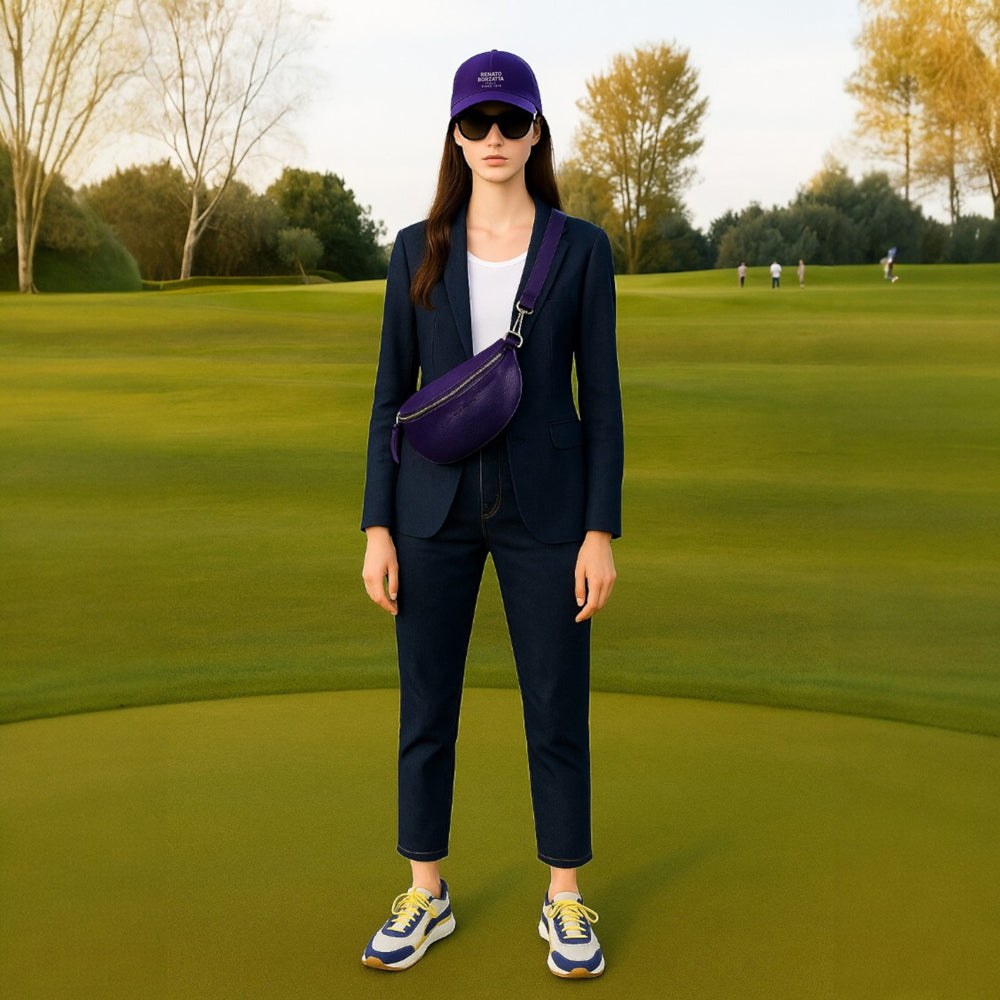 RB1015Y | Marsupio con tracolla removibile in Vera Pelle Made in Italy. Attacchi con moschettoni in metallo Nickel Lucido - Colore Viola - Dimensioni: 24 x 14 x 7