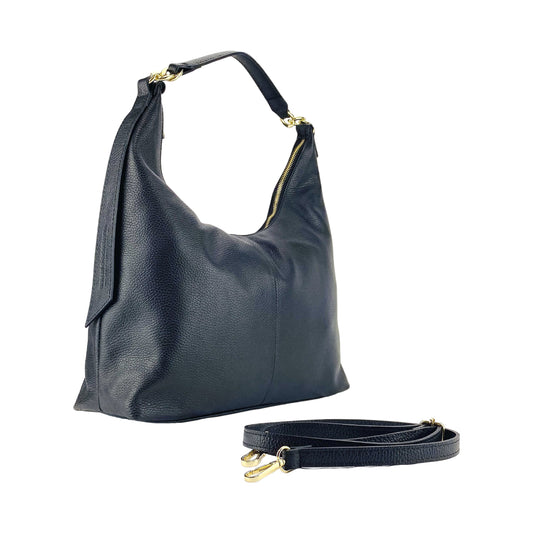 RB1017A | Borsa Donna a spalla Morbida in Vera Pelle Made in Italy con manico singolo e tracolla removibile. Attacchi con moschettoni in metallo Oro Lucido - Colore Nero - Dimensioni: cm 36 x 40 x 13