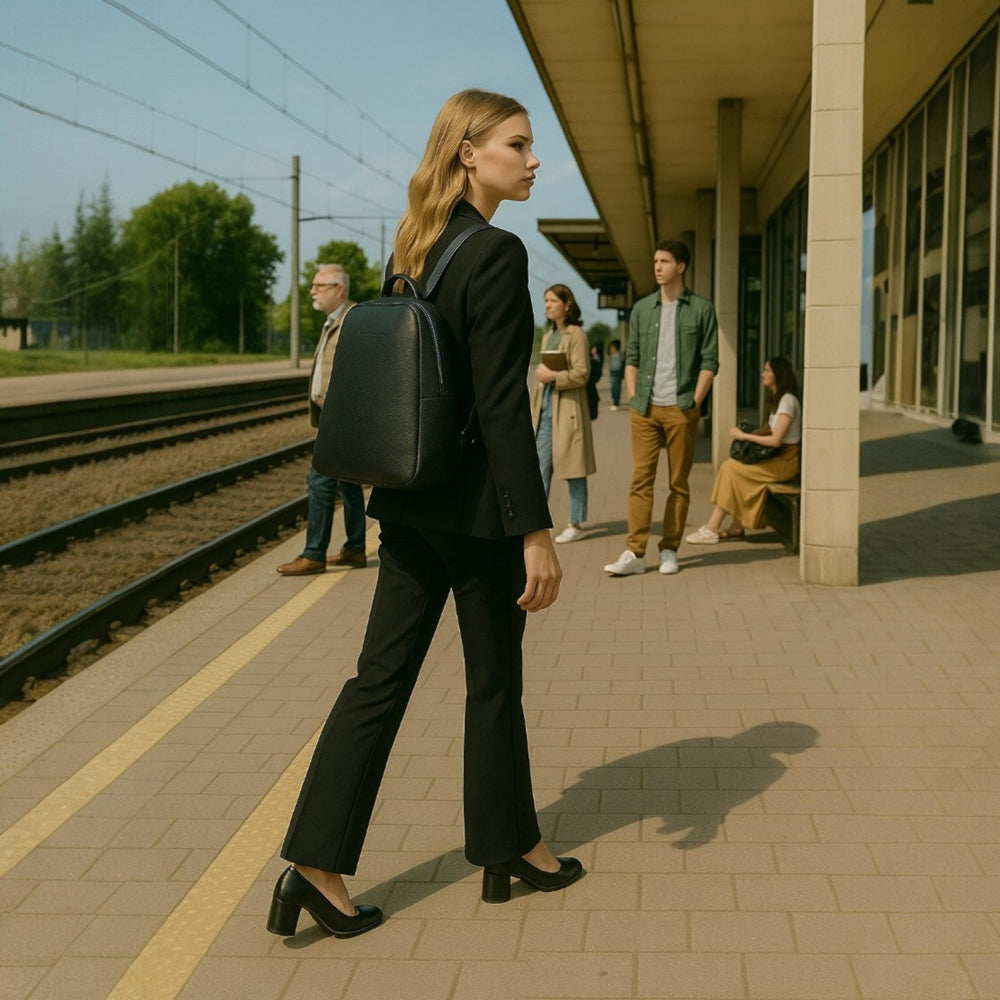 RB1018A | Zaino Donna Doppio scomparto in Vera Pelle Made in Italy con spallacci regolabili. Accessori in metallo Canna di Fucile - Colore Nero - Dimensioni: cm 26 x 30 x 14,5