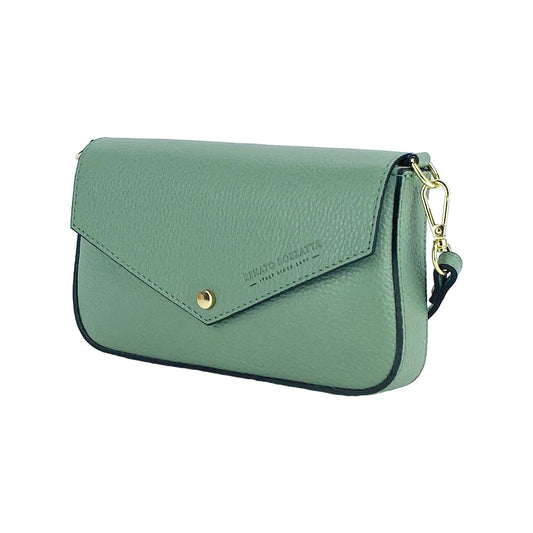 RB1023BF | Borsa piccola a Spalla con Tracolla a catena removibile in Vera Pelle Made in Italy. Pattina di Chiusura. Accessori in metallo Oro Lucido - Colore Menta - Dimensioni: cm 22 x 12 x 3