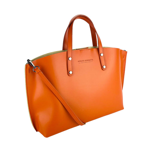 RB1024AM  | Borsa Donna a Mano in Vera Pelle Made in Italy con tracolla removibile. Sacca grande interna estraibile. Accessori Canna di Fucile Lucido - Colore Paprika - Dimensioni: cm 48x31x11