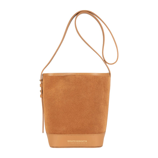 RB1031CQ  | Borsa Donna a Secchiello BRENDA in Vera Pelle Made in Italy. Accessori in metallo Oro Lucido - Colore Cuoio - Dimensioni: cm 25 x 23,5 x 17