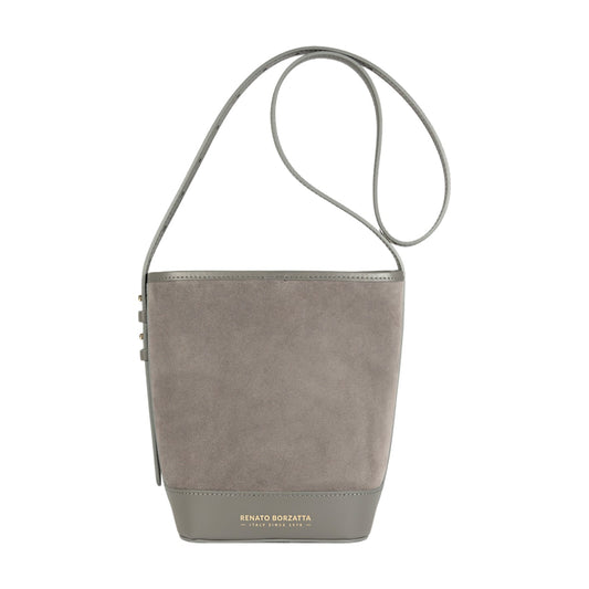 RB1031F  | Borsa Donna a Secchiello BRENDA in Vera Pelle Made in Italy. Accessori in metallo Oro Lucido - Colore Grigio - Dimensioni: cm 25 x 23,5 x 17