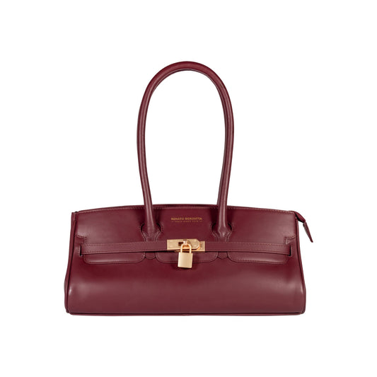 RB1033X | Borsa a Spalla Donna ARIANNA in Vera Pelle Morbida Sauvage Made in Italy. Accessori in metallo Oro Opaco. Colore Bordeaux. Dimensioni: cm 34 x 15 x 16 + 20 (Luce manici)