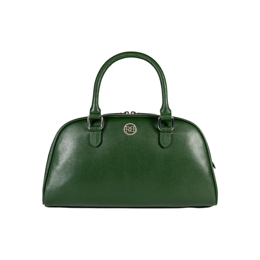 RB1034E | Borsa Bowling da Donna VIRGINIA in Vera Pelle Saffiano Made in Italy. Accessori in metallo Argento Lucido. Colore Verde. Dimensioni: cm 35 x 19 x 14,5 + 12 (Luce manici)