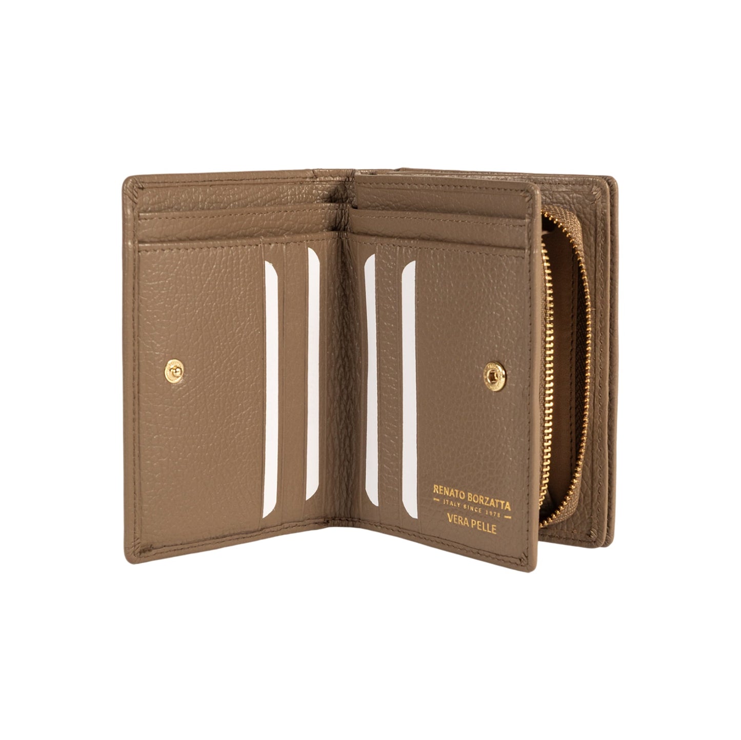 RB1080GAQ | Portafogli Donna Made in Italy in Vera Pelle grana Dollaro. Colore Taupe. Dimensioni (da chiuso): cm 13 x 9 x 2,5