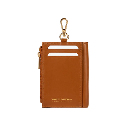 RB1085S | Portafogli Donna Made in Italy in Vera Pelle Morbida Sauvage. Accessori in metallo Oro Opaco. Colore Cognac. Dimensioni (da chiuso): cm 8 x 11,5 x 2