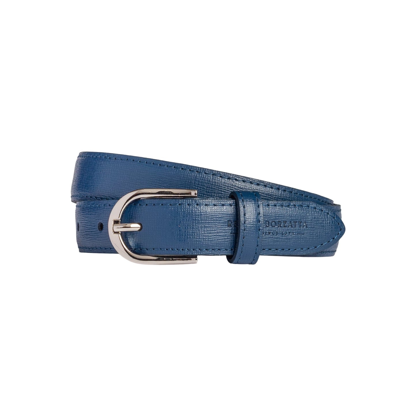 RB4016D | Cintura Donna Made in Italy in Vera Pelle Saffiano. Fibbia in finitura Argento Lucido. Colore Blu. Dimensioni: cm 115 x 2,5 x 0,5 (giro vita cm 100)