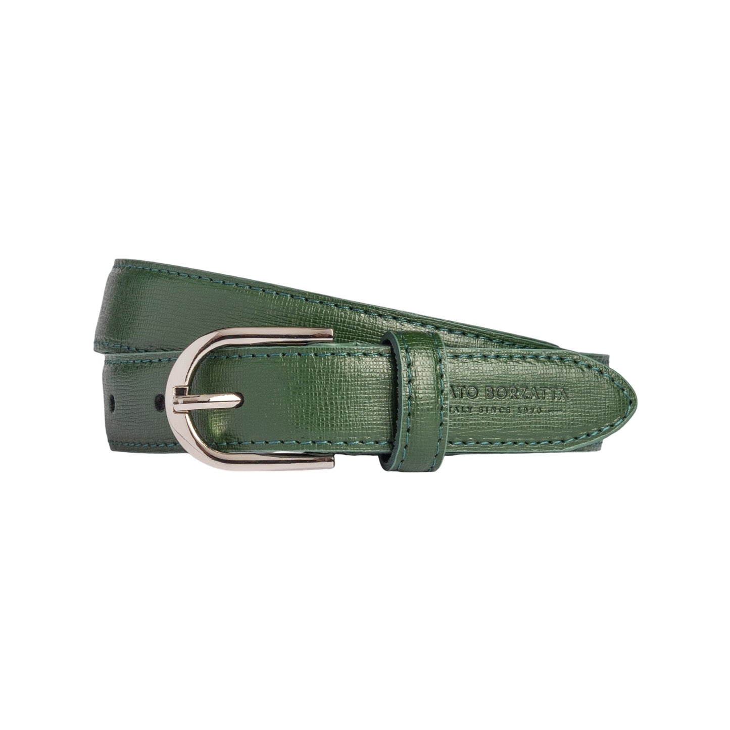 RB4016E | Cintura Donna Made in Italy in Vera Pelle Saffiano. Fibbia in finitura Argento Lucido. Colore Verde. Dimensioni: cm 115 x 2,5 x 0,5 (giro vita cm 100)