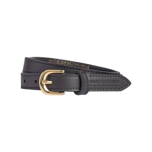 RB4018A | Cintura Donna Made in Italy in Vera Pelle Morbida Sauvage. Fibbia in finitura Oro Lucido. Colore Nero. Dimensioni: cm 115 x 2,0 x 0,5 (giro vita cm 100)