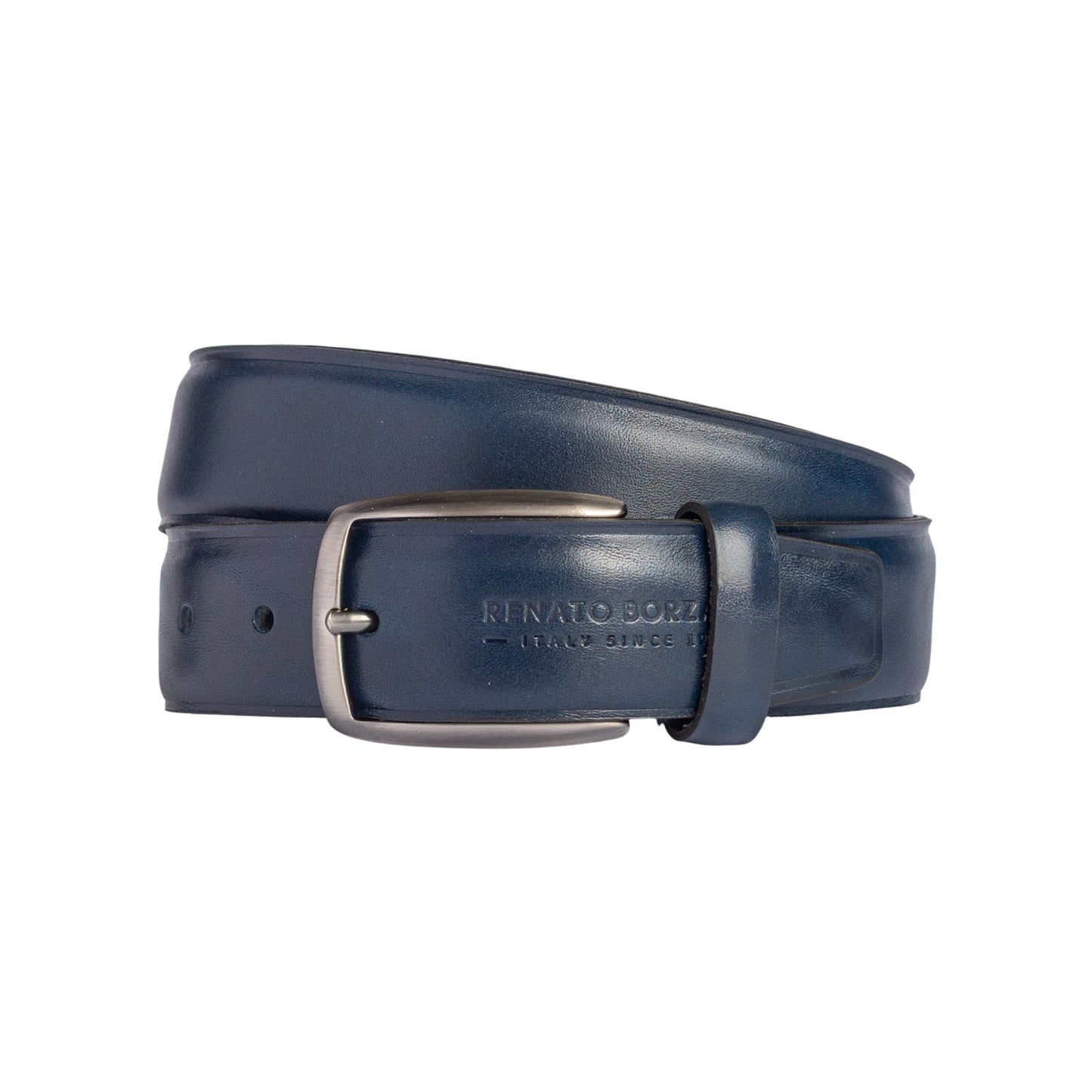 RB4025D | Cintura Uomo Made in Italy in Vero Cuoio Conciato al Vegetale. Fibbia in finitura Canna di Fucile Satinato. Colore Blu. Dimensioni: cm 125 x 3,5 x 0,5 (giro vita cm 110)
