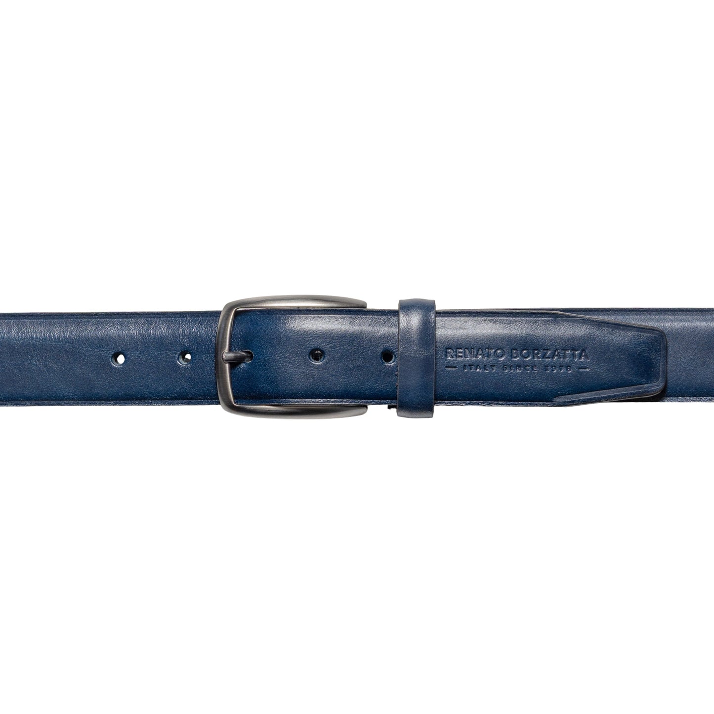 RB4025D | Cintura Uomo Made in Italy in Vero Cuoio Conciato al Vegetale. Fibbia in finitura Canna di Fucile Satinato. Colore Blu. Dimensioni: cm 125 x 3,5 x 0,5 (giro vita cm 110)