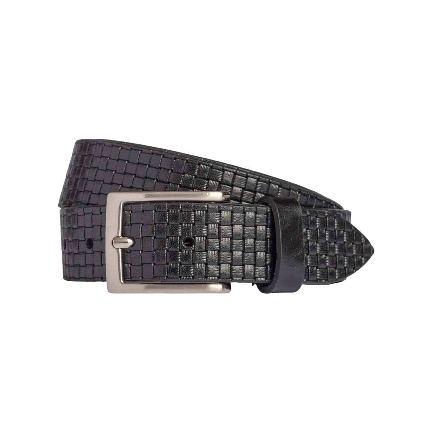 RB4028A | Cintura Uomo con Stampa Allover Made in Italy in Vero Cuoio Conciato al Vegetale. Fibbia in finitura Argento Satinato. Colore Nero. Dimensioni: cm 125 x 3,5 x 0,5 (giro vita cm 110)