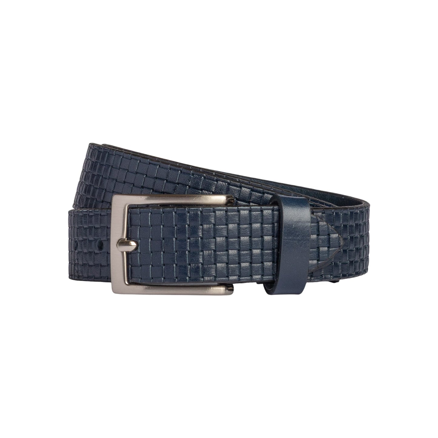 RB4028D | Cintura Uomo con Stampa Allover Made in Italy in Vero Cuoio Conciato al Vegetale. Fibbia in finitura Argento Satinato. Colore Blu. Dimensioni: cm 125 x 3,5 x 0,5 (giro vita cm 110)
