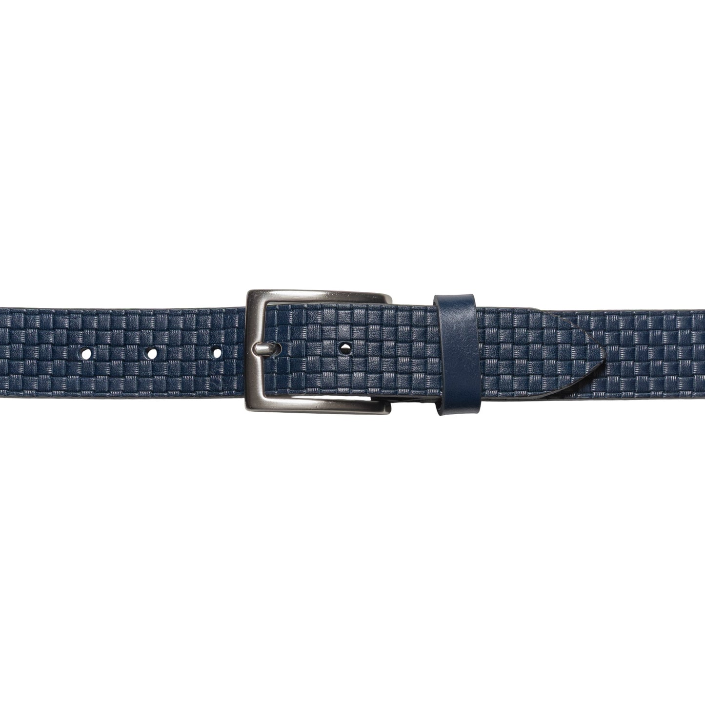 RB4028D | Cintura Uomo con Stampa Allover Made in Italy in Vero Cuoio Conciato al Vegetale. Fibbia in finitura Argento Satinato. Colore Blu. Dimensioni: cm 125 x 3,5 x 0,5 (giro vita cm 110)