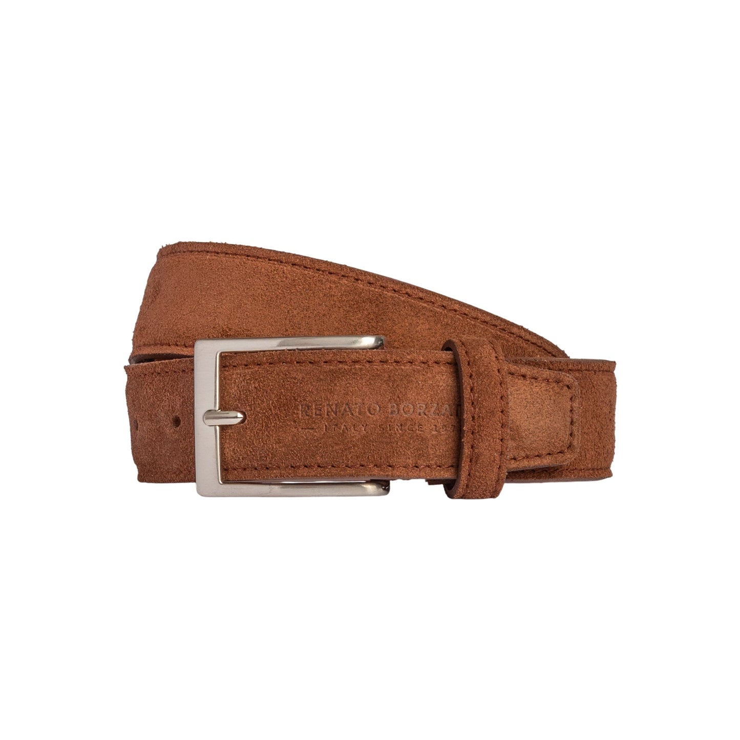 RB4029CZ | Cintura Uomo Made in Italy in Vera Pelle Scamosciata. Fibbia in finitura Argento Satinato. Colore Bruciato. Dimensioni: cm 125 x 3,5 x 0,5 (giro vita cm 110)